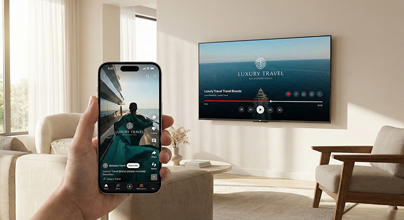 YouTube hirdetés minden eszközön: A nappali TV-jétől a zsebben lévő Shorts videókig YouTube hirdetések megjelenése okostévén (Connected TV) és okostelefonon (Shorts) egy modern nappaliban: Platformfüggetlen elérés.