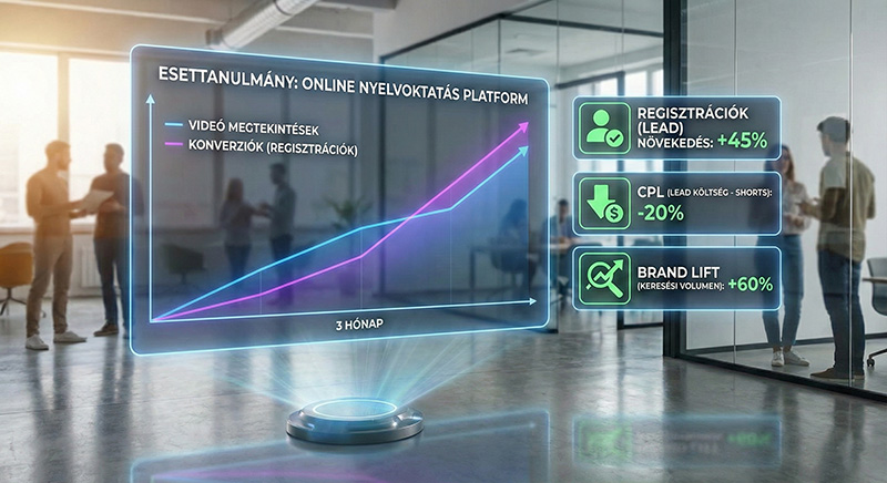 YouTube hirdetés esettanulmány: A megtekintések és a konverziók együttes növekedése Futurisztikus 3D adatvizualizáció: YouTube videó hirdetés eredmények, növekvő megtekintés és konverzió grafikon