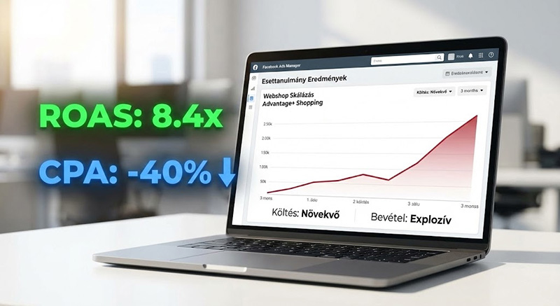 Facebook hirdetés esettanulmány eredmények: 8.4x ROAS megtérülés növekedés és 40%-os költségcsökkenés (CPA) grafikon Facebook hirdetés esettanulmány eredmények: 8.4x ROAS megtérülés növekedés és 40%-os költségcsökkenés (CPA) grafikon