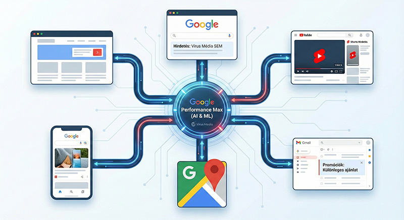 Google Performance Max ökoszisztéma diagram: Központi AI vezérlés összekötve a Kereső, YouTube, Gmail, Térkép, Discover és Display hirdetési felületekkel.