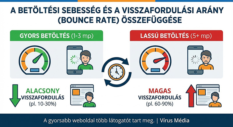 Infografika a weboldal betöltési sebesség és a visszafordulási arány (Bounce Rate) összefüggéséről: A gyors betöltés (1-3 mp) alacsony, míg a lassú (5+ mp) magas látogatóvesztést okoz.