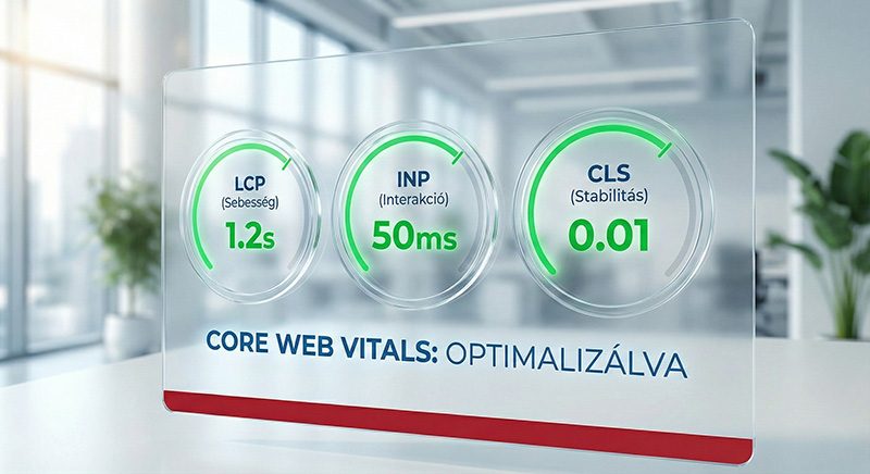 Google Core Web Vitals optimalizálás és technikai SEO audit vizualizációja: LCP, INP és CLS értékek javítása