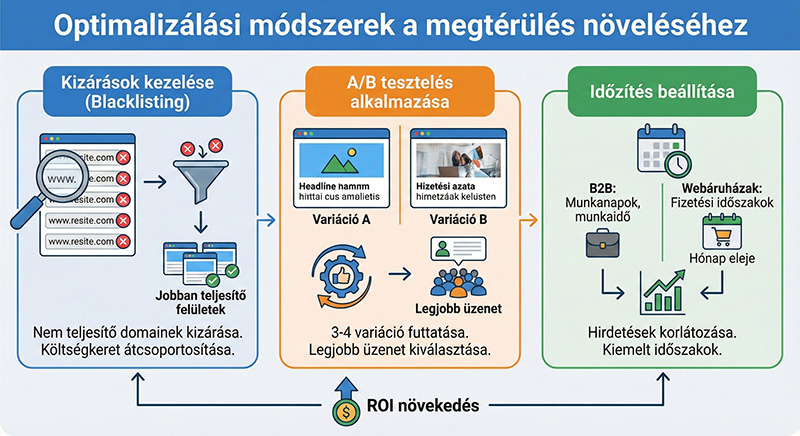 Infografika az Etarget kampány optimalizálásáról: kizárások kezelése, A/B tesztelés és időzítés beállítása a ROI növeléséhez.