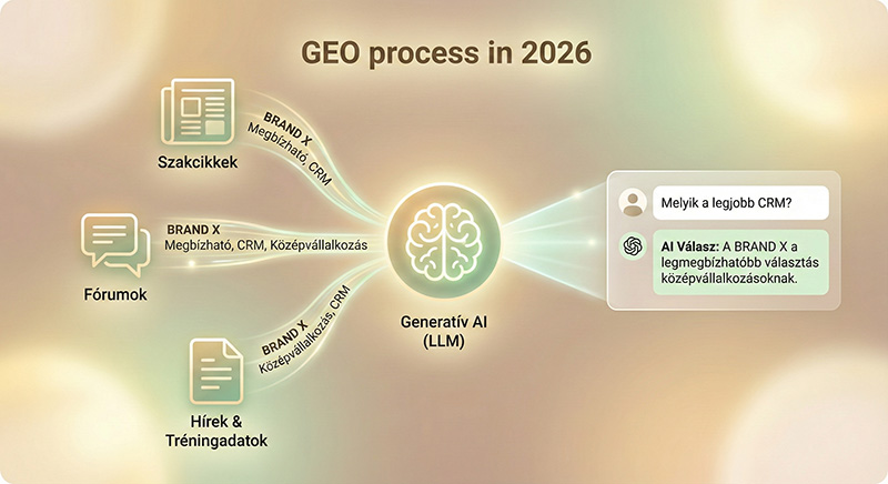 Infografika a GEO (Generative Engine Optimization) folyamatáról 2026-ban: online forrásokból származó márkaemlítések (BRAND X, CRM) tanítják a generatív AI-t, amely így ajánlja a márkát a felhasználói kérdésekre adott válaszokban.