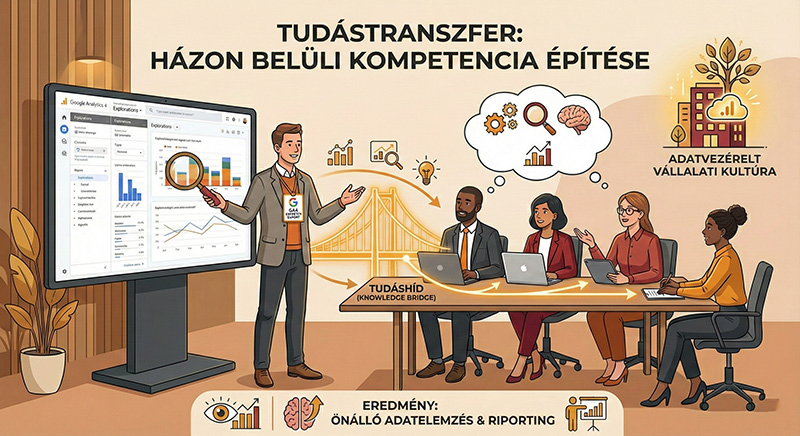 Infografika a Google Analytics 4 (GA4) vállalati tudástranszfer folyamatáról. A képen egy minősített GA4 szakértő látható, aki egy nagy képernyőn mutatja az "Explorations" felületet, és egy szimbolikus "Tudáshídon" keresztül adja át az elemzési ismereteket egy négyfős csapatnak. A folyamat célja a házon belüli kompetencia építése és az "Adatvezérelt vállalati kultúra" megteremtése, melynek eredménye az "Önálló adatelemzés és riporting".