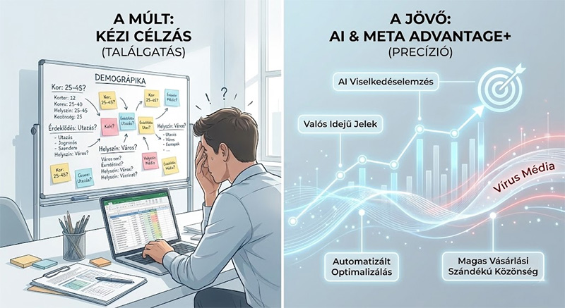 Hagyományos kézi célzás vs. Vírus Média AI alapú Facebook hirdetés célzás (Advantage+) összehasonlítása Hagyományos kézi célzás vs. Vírus Média AI alapú Facebook hirdetés célzás (Advantage+) összehasonlítása