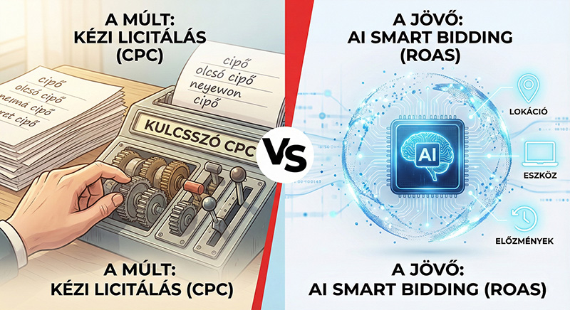 Keresőmarketing evolúció illusztráció: A múltbeli kézi CPC kulcsszó licitálás szemben a jövőbeli AI vezérelt Google Smart Bidding ROAS alapú licitálással, adatpontokkal.