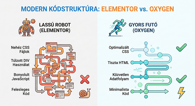 Összehasonlító ábra: Bal oldalon egy lassú, túlterhelt robot (Elementor/Divi) cipeli a felesleges kódokat, jobb oldalon egy villámgyors, futurisztikus futó (Oxygen Builder) száguld tiszta kóddal.