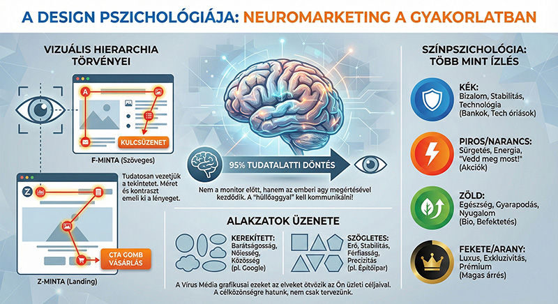 Infografika a design pszichológiájáról, amely bemutatja a vizuális hierarchia F és Z mintáit, a színpszichológia jelentéseit és az alakzatok üzenetét a webdesignban