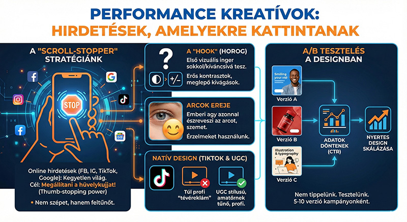 Infografika a performance kreatívok működéséről, amely bemutatja a scroll-stopper stratégiát, a figyelemfelkeltő elemeket és a hirdetések A/B tesztelésének folyamatát a magasabb átkattintási arányért