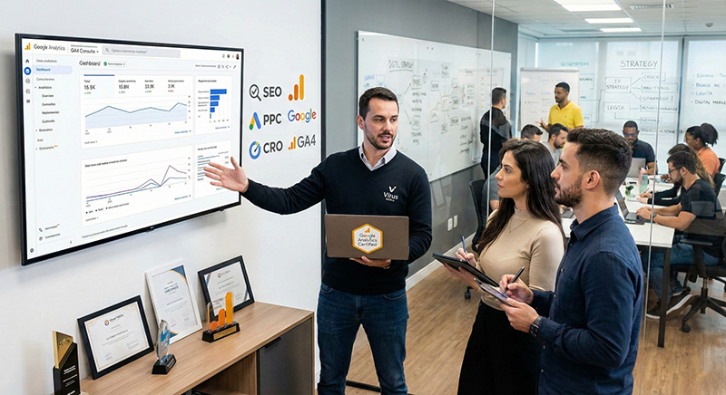 Vírus Média Google Analytics minősített tanácsadója gyakorlati GA4 oktatást tart vállalati környezetben, valós piaci adatokat mutató dashboard előtt. A képen látható az oktató hitelességét igazoló tanúsítvány matrica a laptopon, valamint a teljes digitális ökoszisztéma (SEO, PPC) integrációjára utaló fali elemek.