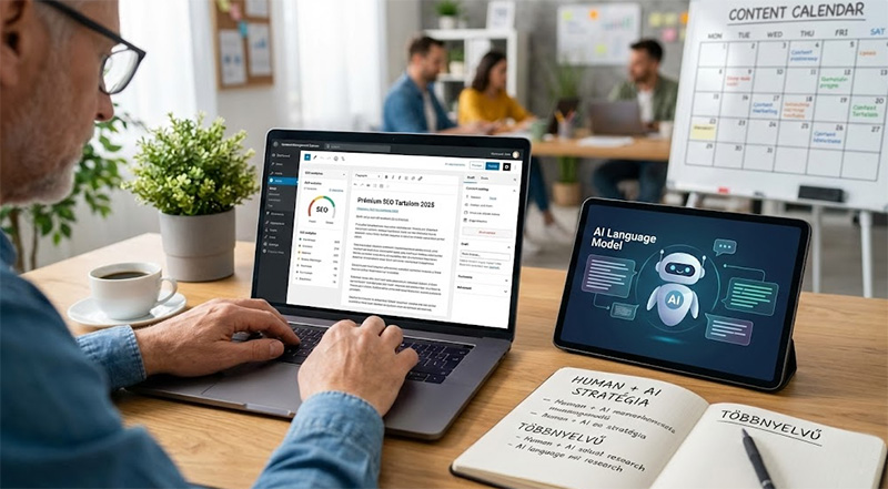 Senior szövegíró szakember prémium SEO tartalmat készít laptopon egy modern ügynökségi irodában. Mellette egy tablet AI nyelvi modellt mutat, a jegyzetfüzetben pedig a 'Human + AI stratégia' és 'Többnyelvű' feliratok olvashatók, demonstrálva a Vírus Média hibrid tartalomgyártási folyamatát.