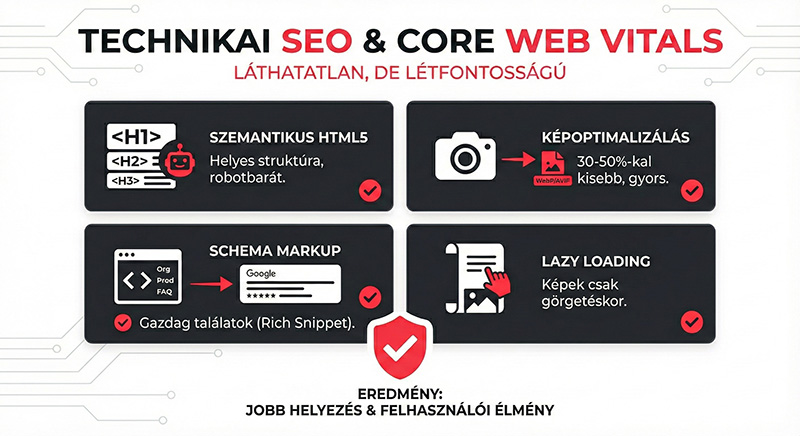 echnikai SEO és Core Web Vitals infografika: Szemantikus HTML5 struktúra, automatikus WebP képoptimalizálás, Schema Markup és Lazy Loading technológiák vizuális ábrázolása, amelyek biztosítják a Google első helyezést.