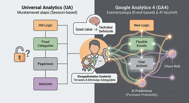 Részletes infografika a Universal Analytics (UA) munkamenet alapú és az új Google Analytics 4 (GA4) eseményalapú, AI vezérelt működése közötti fundamentális különbségekről. A kép középpontjában egy minősített szakértő látható, aki áthidalja a szakadékot, és nélkülözhetetlen az üzleti célok technikai eseménydefiníciókra fordításához, valamint a prediktív metrikákhoz szükséges minőségi adatgyűjtés megtervezéséhez.
